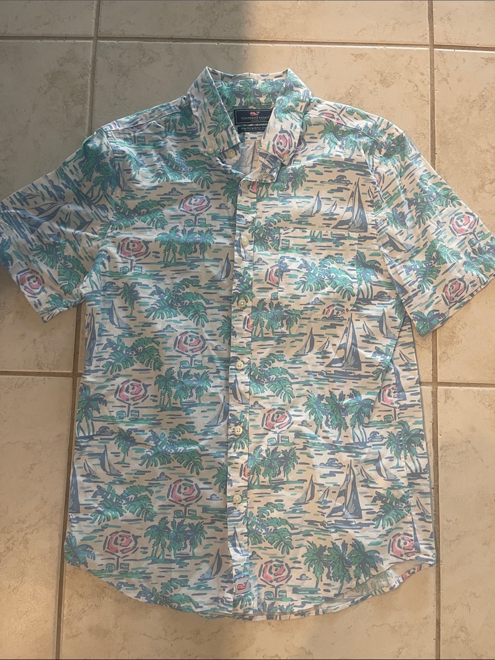 Vineyard Vines Tropical Sailboat Short-Sleeve Button-Down - Blue/Green S